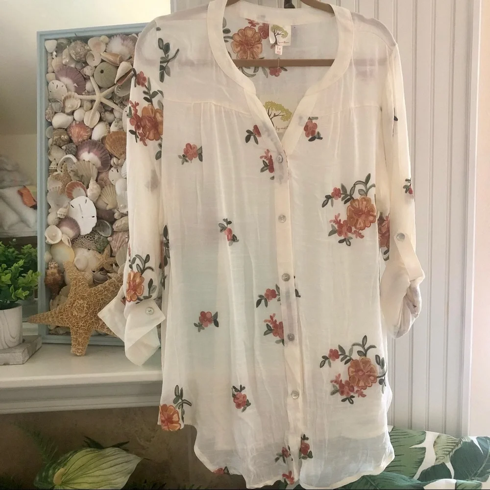 NWT Anthropologie Boho Style Embroidery Sheer Top - Picture 2 of 10